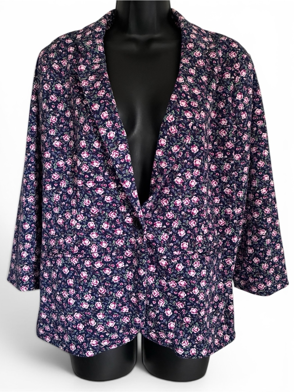 LC Lauren Conrad Coquette Office Siren Navy Floral Open Front Blazer Pink Sz L